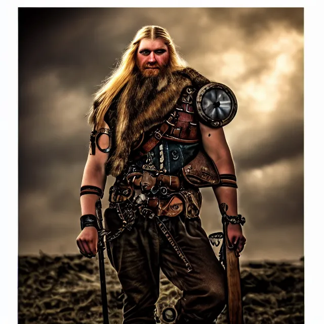 Image similar to dieselpunk viking, 4 k, hdr, smooth, sharp focus, high resolution, award - winning photo, anne stokes, photorealistic