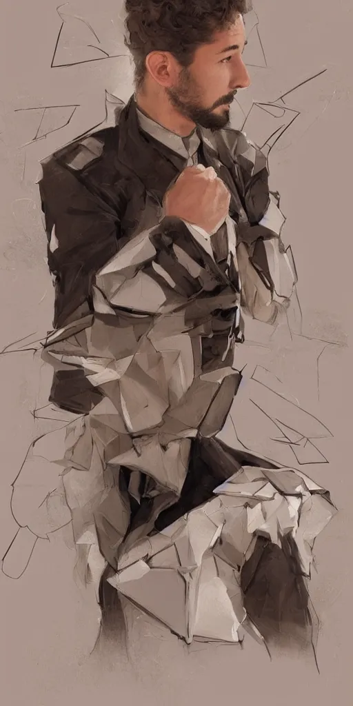 Image similar to a professional painting of Shia LaBeouf as a beautiful young prince, wearing an origami high fashion tuxedo, olive skin, buzzed short dark hair, beautiful bone structure, symmetrical facial features, intricate, elegant, digital painting, concept art, smooth, sharp focus, illustration, from Metal Gear, by Ruan Jia and Mandy Jurgens and Artgerm and William-Adolphe Bouguerea