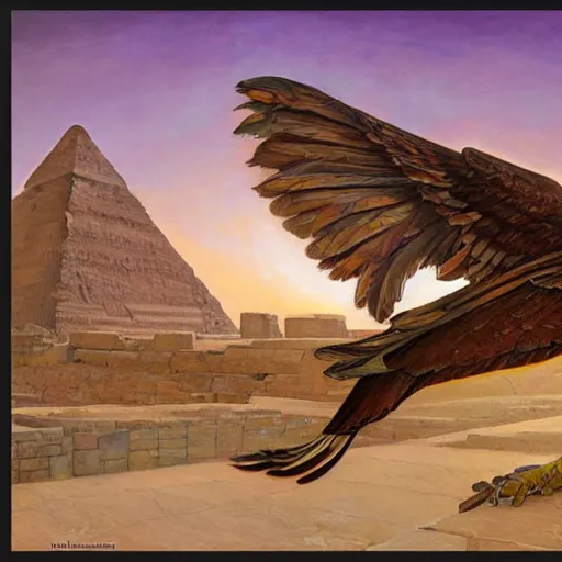 Image similar to a realistic oil painting of a winged lion's body with the head of an eagle and a beak, in an ancient egyptian temple, at purple sunset, highly detailed, trending on artstation, by james gurney and michael whelan and krenz cushart and alphonse mucha