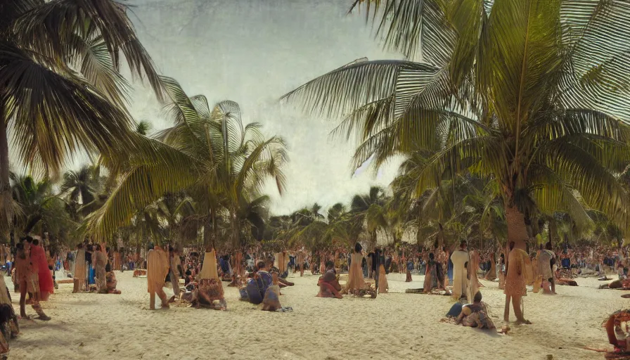 Image similar to a ultradetailed beautiful photo of hundreds of people in the amazonas palace designed by jules bastien - lepage, hans belmer, frank weston and gustave baumann, beach, trending on artstation, mediterranean, palm trees, light sparkles, sharp focus, soft light, 8 k 4 k