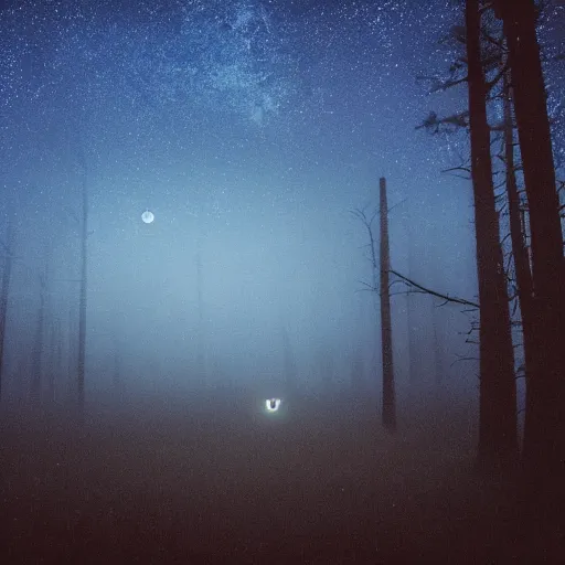 Prompt: photo of a ghost at forest at night, with moonlight, stars and fog