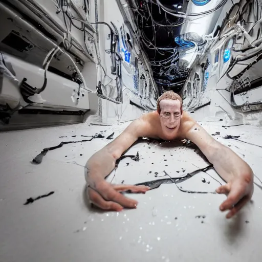 Image similar to a broken cyborg that looks like Mark Zuckerberg on the floor, covered in white slimy fluidNostromo Alien movie. wide angle photography.