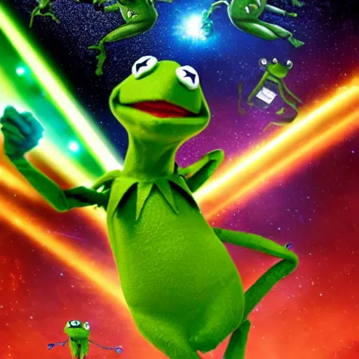 Prompt: the avengers battle one kermit the frog in space, galaxy, hd, 8 k, explosions, gunfire, lasers, giant, epic, showdown, colorful, realistic photo, unreal engine, stars, prophecy, epic oil painting, powerful, diffused lighting, destroyed planet, debris, justice league, movie poster, violent,