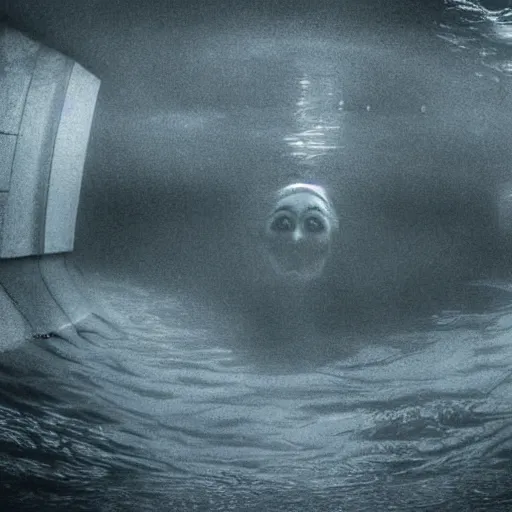 Prompt: sea monster about to eat pov underwater, pale skin, dark yellowish water, foggy water, dark, dramatic,'silent hill ', big eyes, alluring and terrifying, whole body cinematic