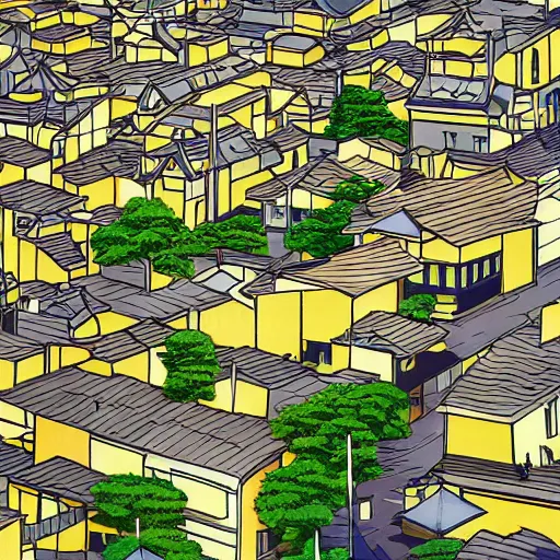 Image similar to japanese town, neighborhood, surreal neighborhood, street view, anime, modern neighborhood, japanese city, underground city, modern city, tokyo - esque town, 2 0 0 1 anime, cel - shading, compact buildings, sepia sunshine, yellow sunshine