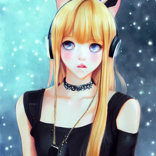 Image similar to realistic beautiful gorgeous natural cute Blackpink Lalisa Manoban blonde hair cute fur blonde cat ears, wearing summer outfit, wearing headphones, wearing black leather choker artwork drawn full HD 4K highest quality in artstyle by professional artists WLOP, Taejune Kim, Guweiz on Artstation Pixiv