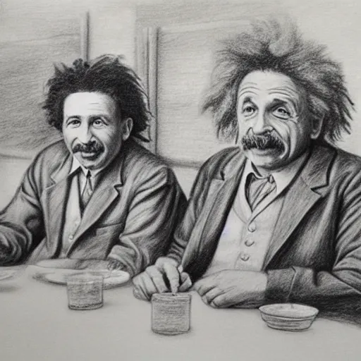 Image similar to Einstein and Newton sitting at cafe, pencil drawing, ultra detailed