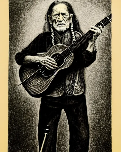 Prompt: a photorealistic portrait of willie nelson and his guitar, in the style of hieronymus bosch, pencil drawing, hyperrealist