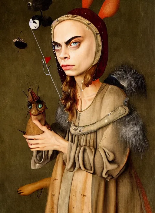 Image similar to cara delevingne as an Hieronymus Bosch painting, detailed digital art, trending on Artstation