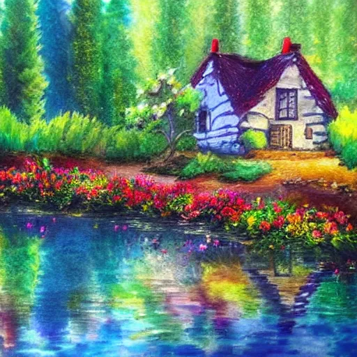 Image similar to a beautiful cottage in the forest, water painting, sun lit, flowers, rainbow