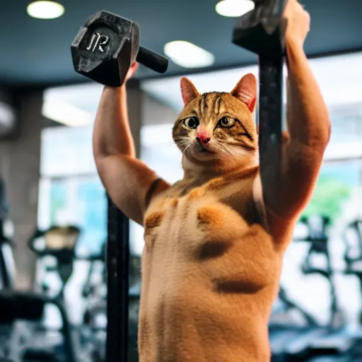 Prompt: an anthropomorphic cat lifting weights at a gym