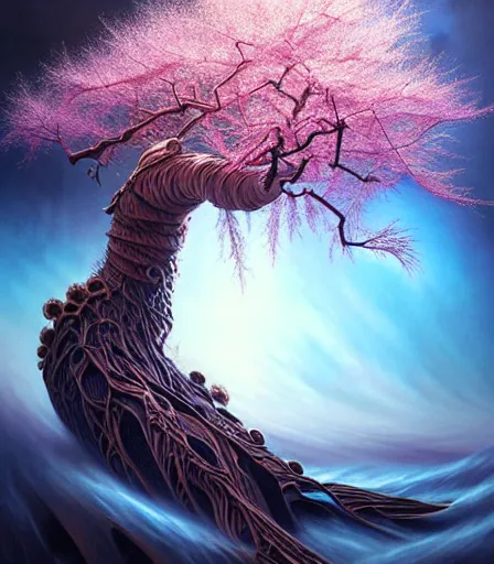 Prompt: highly detailed fantasy artwork of a tree made of water and smoke, carved Japanese Sakura wood organic overgrowth, RHADS, artgerm, James Jean