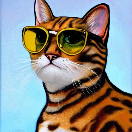 Prompt: a painting of a cat wearing sunglasses