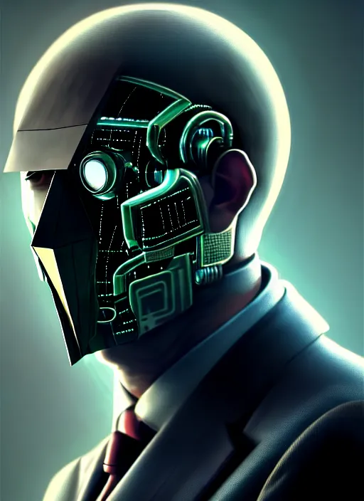 Image similar to man with cybernetic enhancements, wearing a suit! detailed face with mask, scifi character portrait by greg rutkowski, esuthio, craig mullins, 1 / 4 headshot, cinematic lighting, dystopian scifi gear, gloomy, profile picture, mechanical, half robot, implants, steampunk