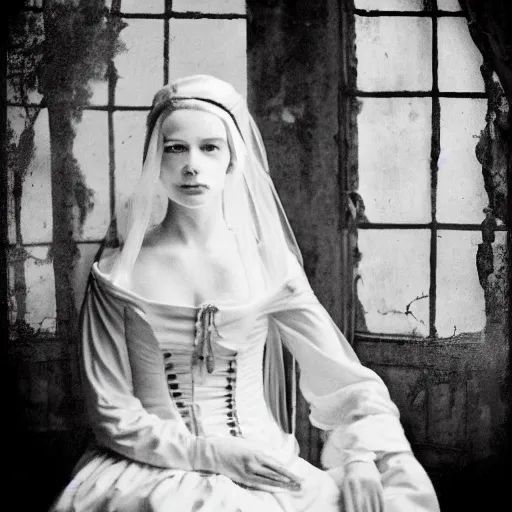 Image similar to picture of ghostly bride in front of an old wooden white church, 1 9 th century southern gothic scene, made by chausheva, katia