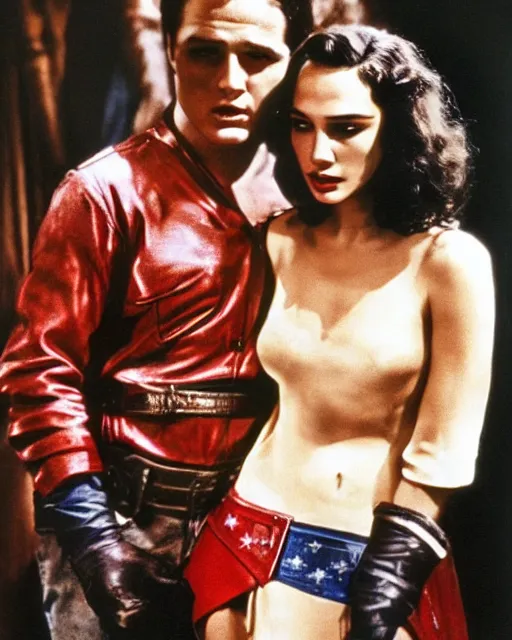 Prompt: studio color photo of young Marlon Brando, dressed as Johnny from the movie The wild One, talking to Gal Gadot dressed as Wonder Woman, studio lighting, photographed in color the style of Annie Leibovitz