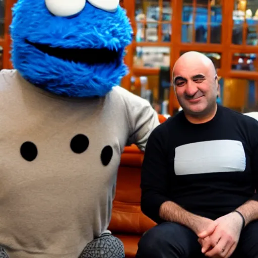 Image similar to lebanese Kevin O'leary talking with cookie monster, in a café