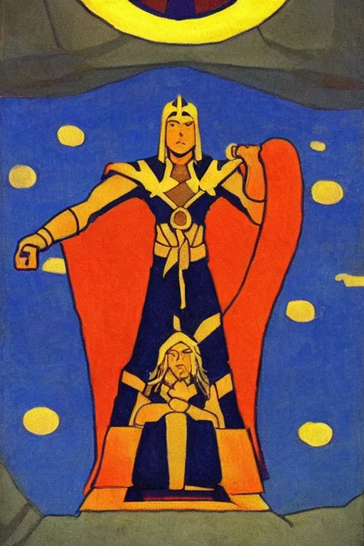 Image similar to thor, marvel, artwork by nicholas roerich,