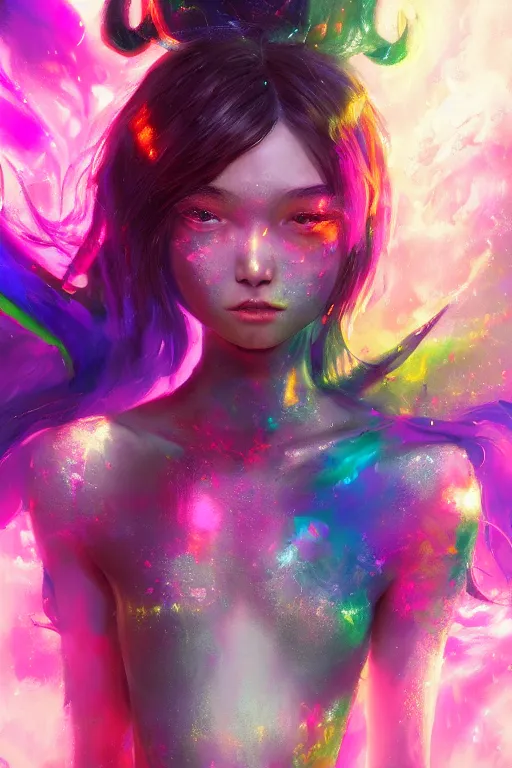Prompt: a fancy portrait of a young Demon girl covered in rainbow flames by Greg Rutkowski, Sung Choi, Mitchell Mohrhauser, Maciej Kuciara, Johnson Ting, Maxim Verehin, Peter Konig, final fantasy , 8k photorealistic, cinematic lighting, HD, high details, atmospheric , trending on artstation