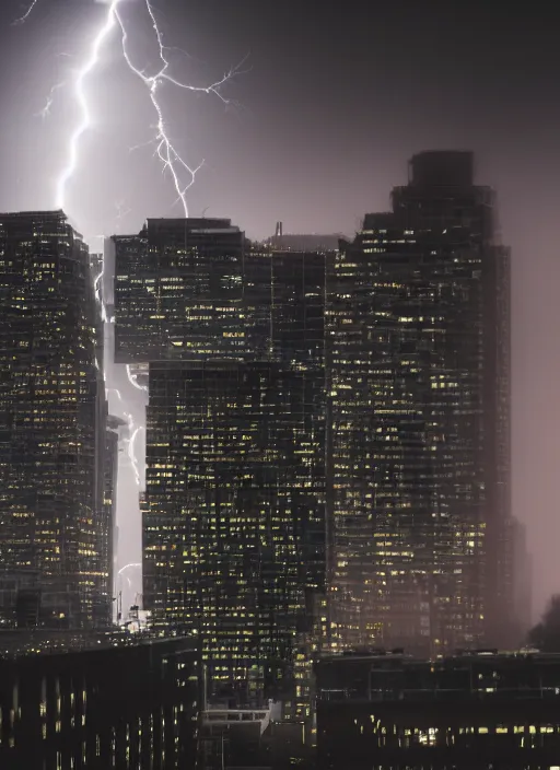 Prompt: a 2 8 mm macro photo of lightning striking the top of a building in a city, long exposure, misty, night, splash art, movie still, bokeh, canon 5 0 mm, cinematic lighting, dramatic, film, photography, golden hour, depth of field, award - winning, anamorphic lens flare, 8 k, hyper detailed, 3 5 mm film grain