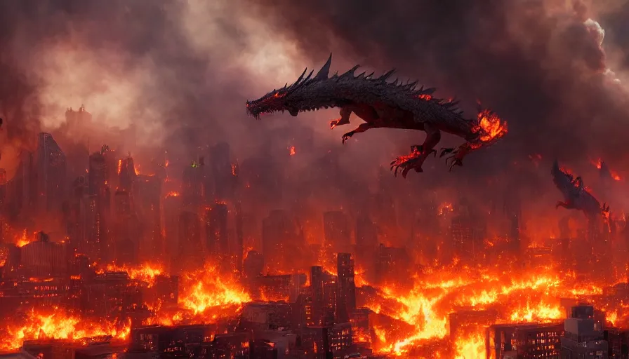 Prompt: movie scene of dragons destroying new york city, burning buildings, destruction, fire, ashes, smoke columns, people fleeing, dark sky, hyperdetailed, artstation, cgsociety, 8 k