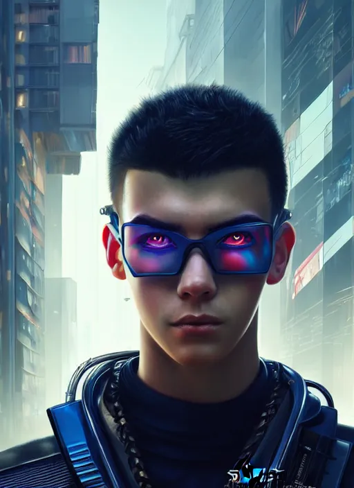 Image similar to photo of cyberpunk male teenager in the style of stefan kostic, realistic, sharp focus, 8 k high definition, insanely detailed, intricate, elegant, art by stanley lau and artgerm