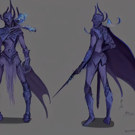 Image similar to D&D character concept art of a cloaked tiefling, tiefling rogue, blue skin color with short horns and a devil tail, fighting pose of a Rogue holding daggers, black cloak hidden in shadows, full body pose, soft colors, fantasy, intricate, elegant, highly detailed, digital painting, artstation, concept art, smooth, sharp focus, illustration, wide angle shot, full body visible, art by artgerm and H R Giger and alphonse mucha