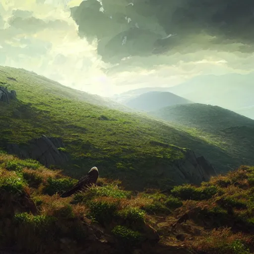 Image similar to golden eagle flying in avila mountains. green. granite. clouds. summer. batscoming out from the entrance. 4 k, concept art, by wlop, ilya kuvshinov, artgerm, krenz cushart, greg rutkowski, pixiv. cinematic dramatic atmosphere, sharp focus, volumetric lighting, cinematic lighting, studio quality