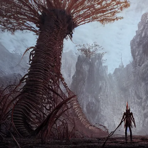 Image similar to distant shot of a 1 0 0 foot tall centipede, made of bones, trampling a burning forest, from skyrim, by makoto shinkai, hayao miyazaki, sakimichan h - w 1 0 2 4