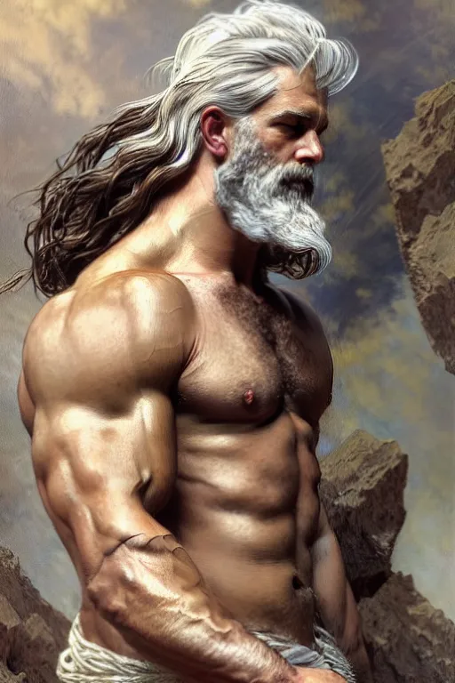 Image similar to painted portrait of rugged zeus, god of thunder, greek god, white hair, masculine, mature, handsome, upper body, muscular, hairy torso, fantasy, intricate, elegant, highly detailed, digital painting, artstation, concept art, smooth, sharp focus, illustration, art by gaston bussiere and alphonse mucha