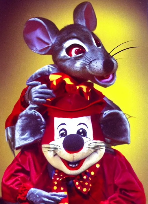 Image similar to Chuck E. Cheese mascot low quality 2002 circus portrait of an anthropomorphic rat animatronic dressed like a clown, professional portrait, camera flash, dimly lit mouse, Chuck E. Cheese head, authentic, mouse, costume weird creepy, off putting, nightmare fuel, Chuck E. Cheese