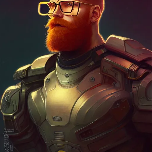 Prompt: portrait of a gingerbearded man with glasses, sci - fi armour, muscular! cyberpunk, intricate, elegant, highly detailed, digital painting, artstation, concept art, sharp focus, illustration, art by artgerm and greg rutkowski and alphonse mucha