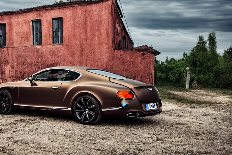 Image similar to modern rusty matte tired Bentley Continental GT without gloss no reflections drives along the road of an old Russian village with houses at the edges