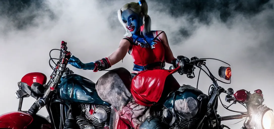 Image similar to real-life Harley Quinn riding a motorcycle holding a baseball bat, cinematic, Low angle, atmospheric fog and lighting