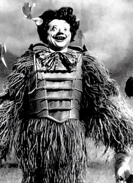 Prompt: still of ronald mcdonald in the wizard of oz movie, gloomy atmosphere