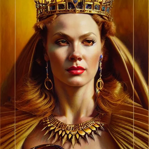 Image similar to highly detailed portrait of a majestic lioness queen in the form of a beautiful woman. d & d. art by donato giancola, jon whitcomb, ruan jia, alberto vargas. trending on artstation, intricate details, energetic composition, golden ratio, concept art, illustration, elegant art, global illuminaition