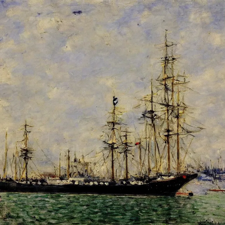 Image similar to a master painting of a big ship docked at the harbor, sharp focus, very detaied, by berthe morisot