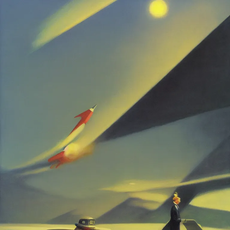 Prompt: classic rocketship, 70s science fiction, fog, early morning, , painted by Edward Hopper, Robert McGinnis, painted by Wayne Barlow, airbrush