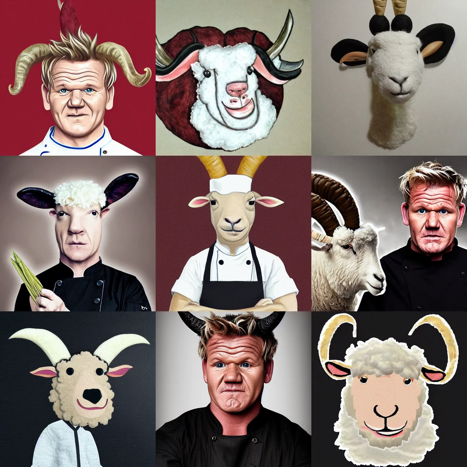 Prompt: portrait of chef! gordon ramsay! as a ram sheep with horns and wool, sheep ears