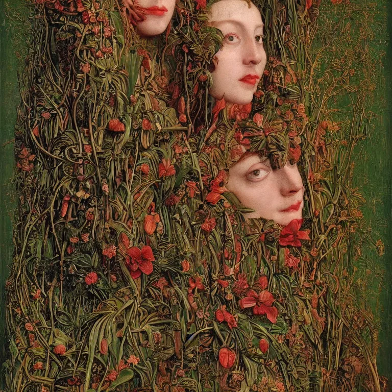 Prompt: a animalistic woman with her skin covered in plant patterns, her face looks like an orchid, huge plants tower around her, jan van eyck, max ernst, trending on artstation, 8 k