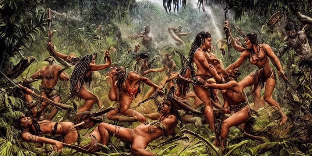 Image similar to battle in jungle, brutal aztec and Amazonian fight, epic, vintage, blood, slight inspiration of Boris vallejo and apocalypto, war photography