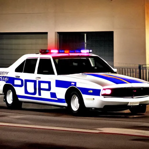 Prompt: candid nighttime photo of a county sheriff livery police car dodge charger parked in an empty parking lot at night dark midnight