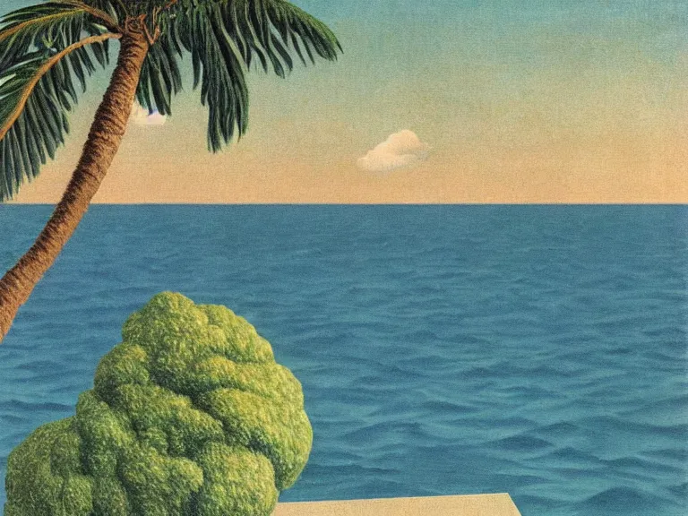 Prompt: lonely island with a palm tree in the middle of the sea painting by rene magritte, high detail, high resolution