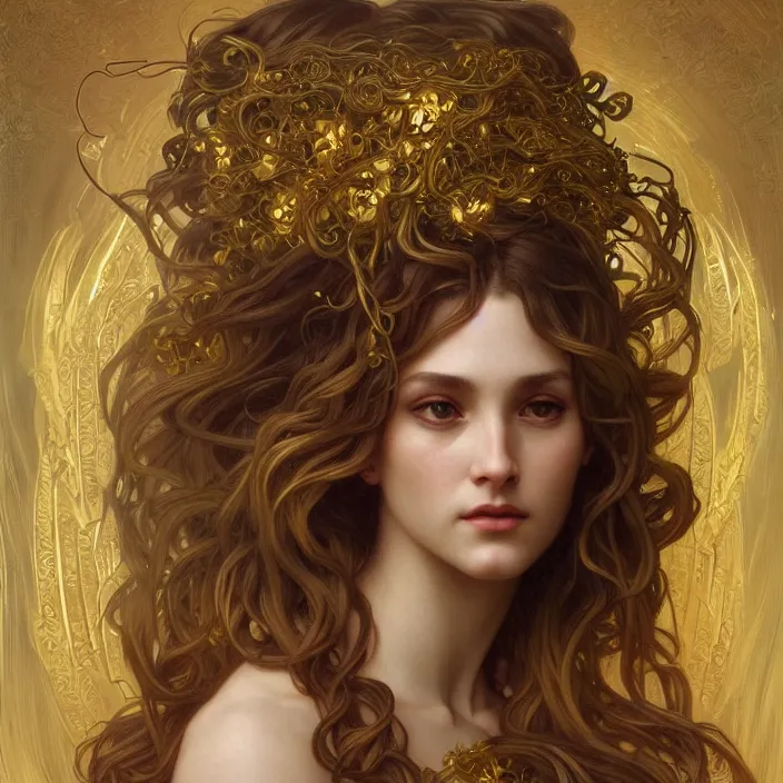 Image similar to portrait of gaea goddess with thin gold tendrils, intricate, elegant, highly detailed, digital painting, artstation, concept art, smooth, sharp focus, illustration, art by artgerm and greg rutkowski and alphonse mucha and william - adolphe bouguereau