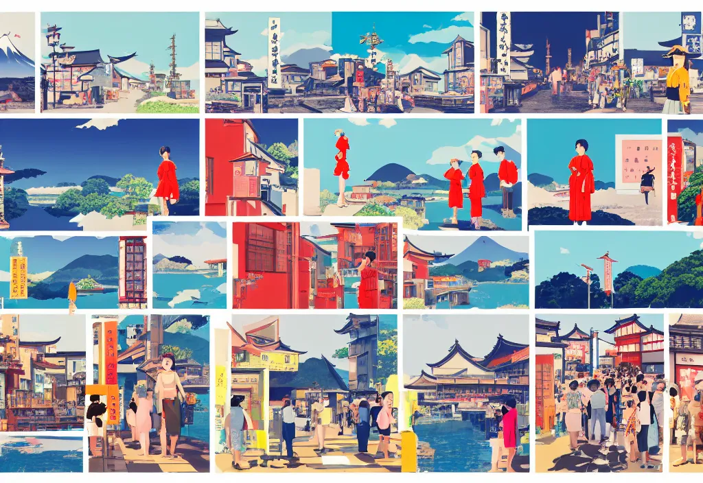 Prompt: a row of several european sightseeing tourists standing with a variety of poses and props, rural japan, character designs, a collage painting, in the style of wes anderson, lola dupre, david hockney, isolated on negative white space background dark monochrome neon spraypaint accents volumetric octane render