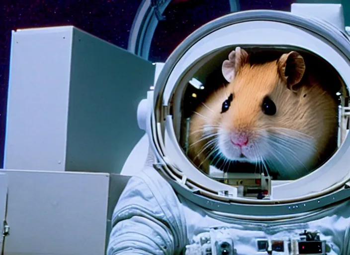 Image similar to film still of a hamster working for mission control at nasa, 8 k