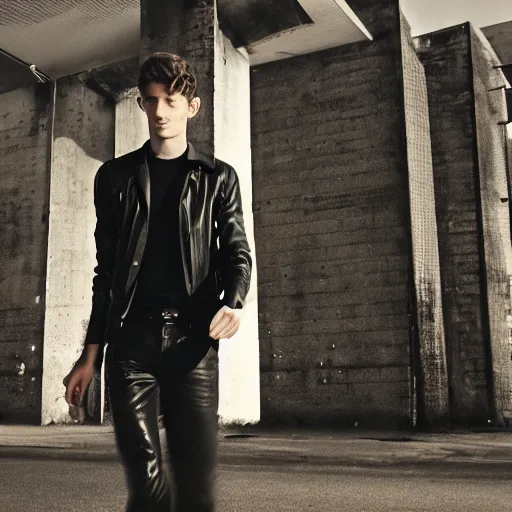 Prompt: a motion blurred young man in black leather, in a bleak industrial brutalist landscape