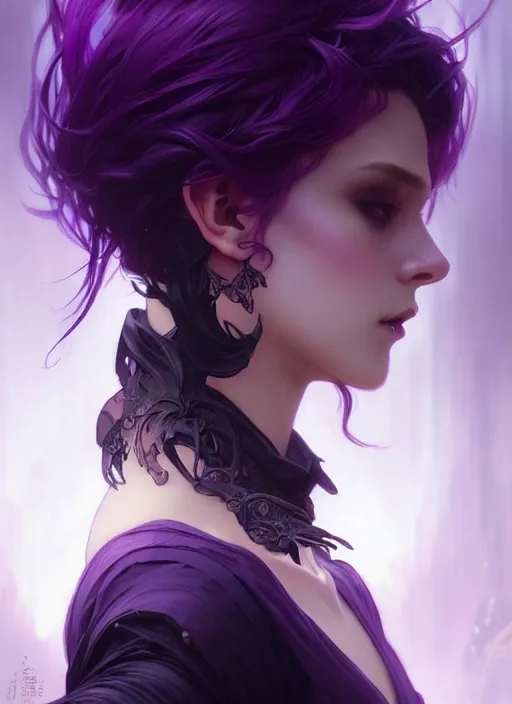 Image similar to Necromant, fantasy magic, undercut hairstyle, short purple black fade hair, dark light night, intricate, elegant, sharp focus, illustration, highly detailed, digital painting, concept art, matte, art by WLOP and Artgerm and Greg Rutkowski and Alphonse Mucha, masterpiece