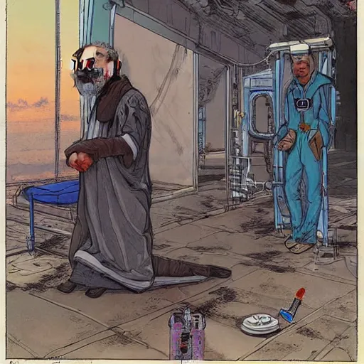 Image similar to Hosea the Beggar priest with cybernetic headset in a busy spaceport on Poseidon 5 colony. Gritty Concept art by James Gurney and Mœbius.