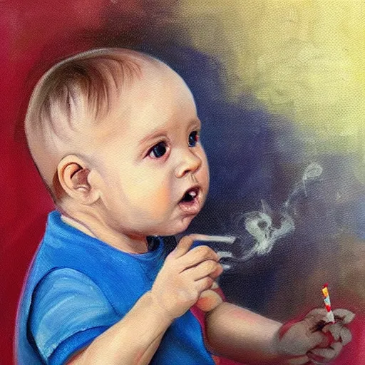 Prompt: painting of a baby holding a cigarette